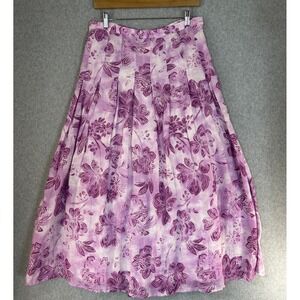 J Jill Size 6 Purple Floral Linen Midi Skirt Pleated Lined ALine Tropical Resort
